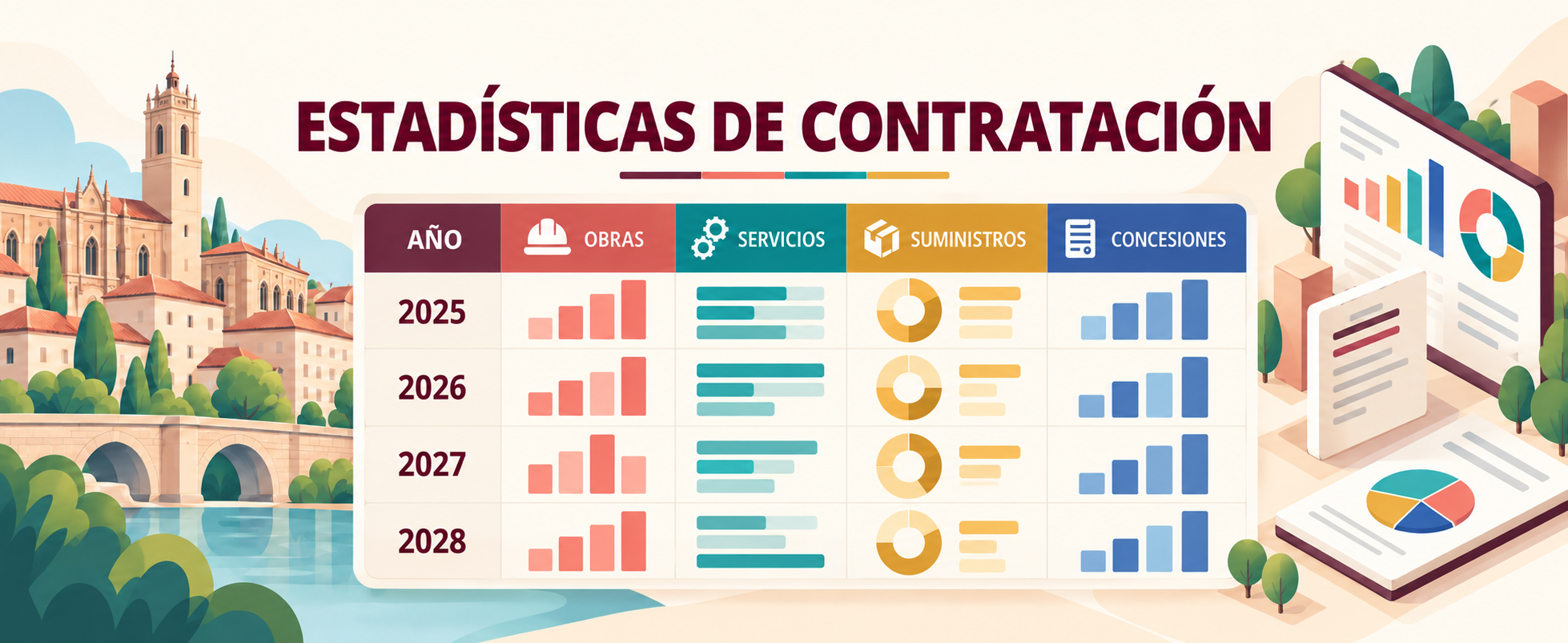 Ilustración de estadísticas de contratación por años y tipos de contrato Título: Estadísticas de contratación pública