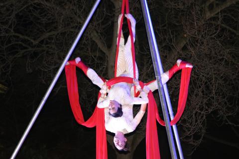 Loas acróbatas ofrecieron un vistoso espectáculo colgados de telas.